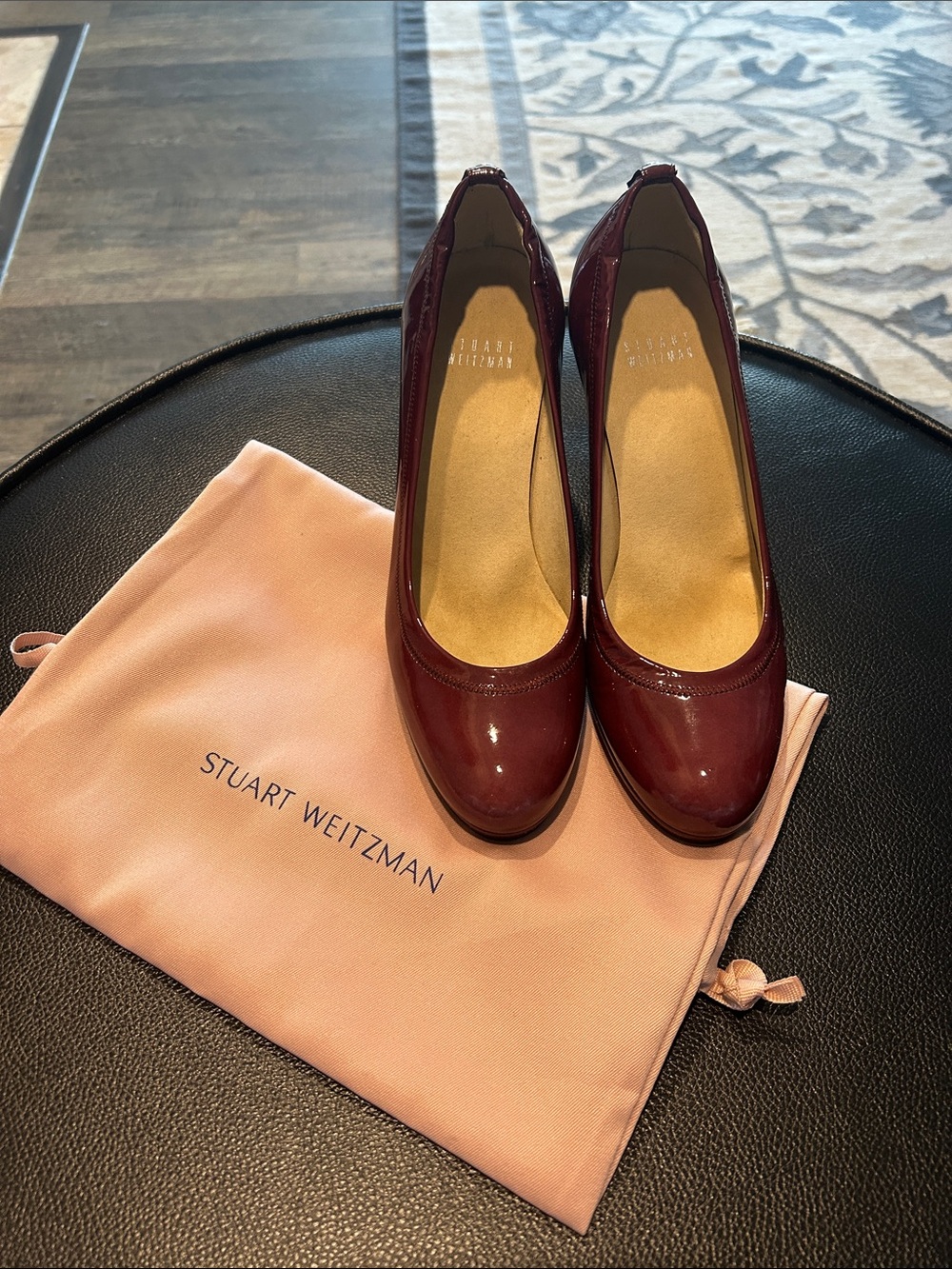 Stuart Weitzman Burgundy Patent Round-Toe Pumps